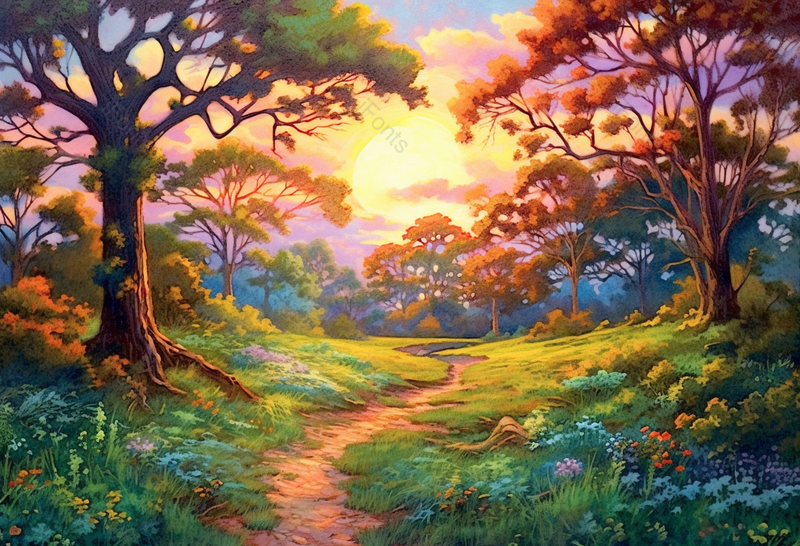 春天草地绿意盎然夕阳风景画,插画/手绘图,插画/手绘图库,插画/手绘图下载,插画/手绘